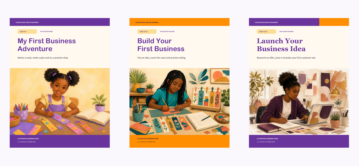 My First Business Adventure, Build Your First Business, and Launch Your Business Idea: the three illustrated ebook covers