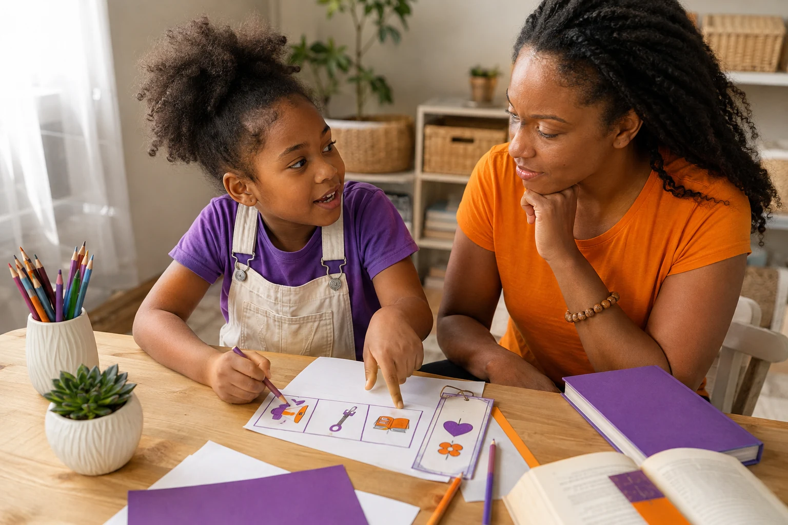A young learner sketches with an adult.