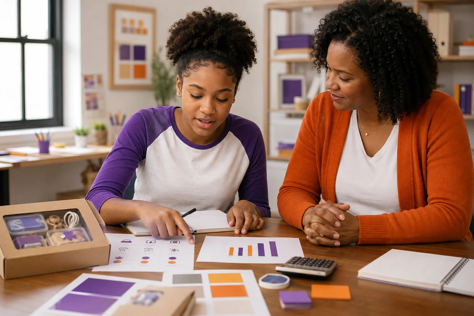 A teen reviews an idea with a mentor.